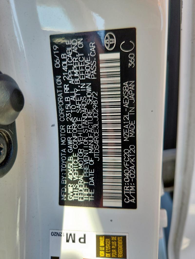 JTDS4RCE3LJ029872 - 2020 TOYOTA COROLLA SE თეთრი ფოტო 12