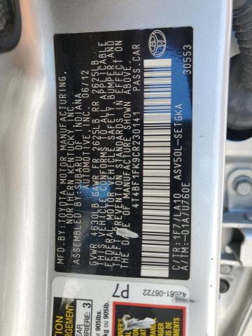 4T4BF1FK9CR230141 - 2012 TOYOTA CAMRY BASE 银色 照片 12