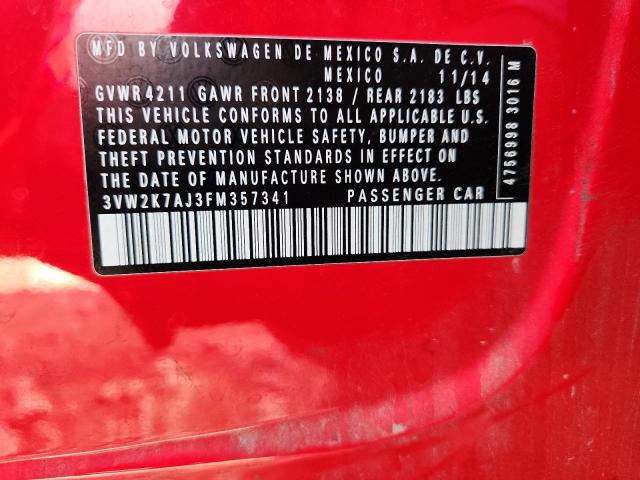 3VW2K7AJ3FM357341 - 2015 VOLKSWAGEN JETTA BASE RED photo 12