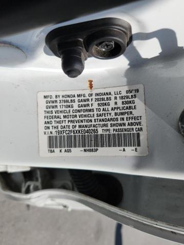 19XFC2F6XKE040265 - 2019 HONDA CIVIC LX Սպիտակ լուսանկար 13