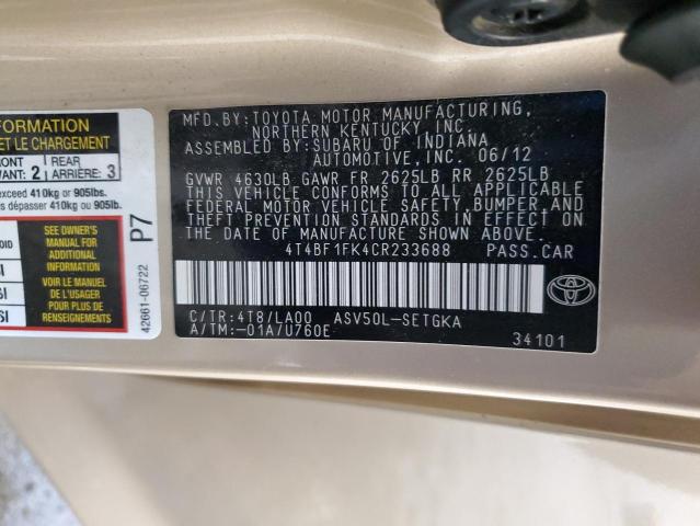 4T4BF1FK4CR233688 - 2012 TOYOTA CAMRY BASE 棕色 照片 13