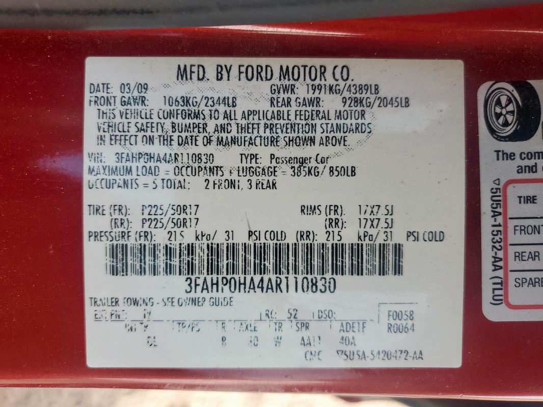 3FAHP0HA4AR110830 - 2010 FORD FUSION SE წითელი ფოტო 12