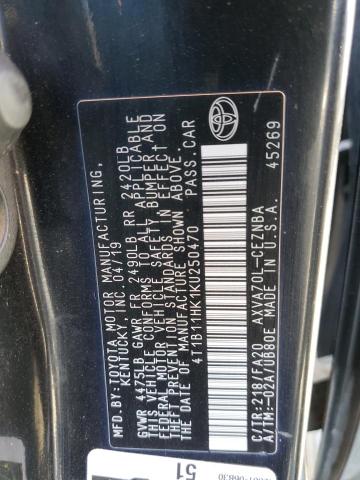 4T1B11HK1KU250470 - 2019 TOYT CAMRY L BLACK photo 12