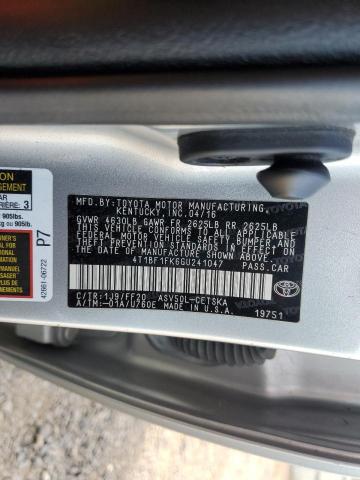 4T1BF1FK6GU241047 - 2016 TOYOTA CAMRY LE ვერცხლისფერი ფოტო 12