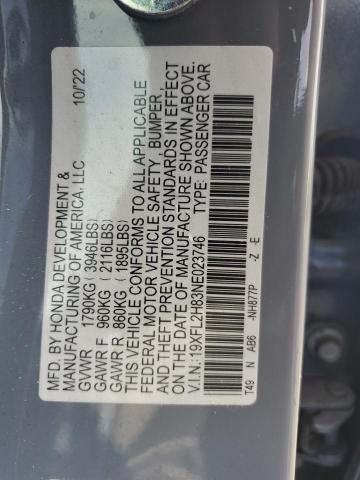 19XFL2H83NE023746 - 2022 HONDA CIVIC SPORT GRAY photo 12
