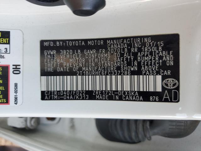 2T1BURHE6FC337286 - 2015 TOYOTA COROLLA L WHITE photo 12