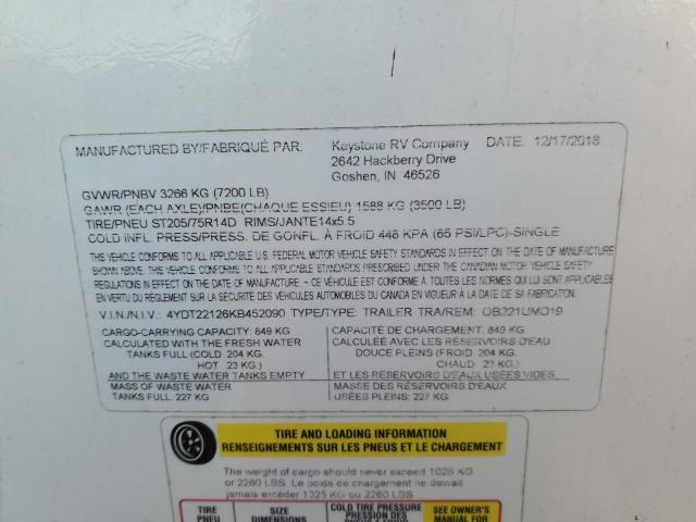 4YDT22126KB452090 - 2019 OUTB TRAVEL TRL Beyaz fotoğraf 10