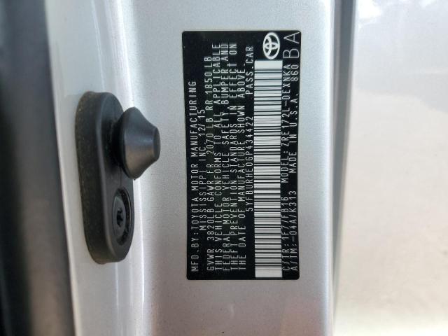 5YFBURHE0GP434422 - 2016 TOYOTA COROLLA L 银色 照片 12