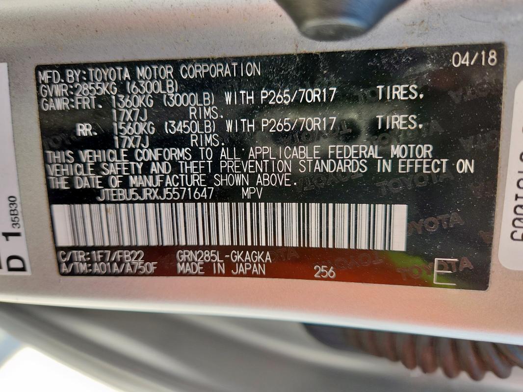 JTEBU5JRXJ5571647 - 2018 TOYOTA 4RUNNER SR5/SR5 PREMIUM Gümüş fotoğraf 13