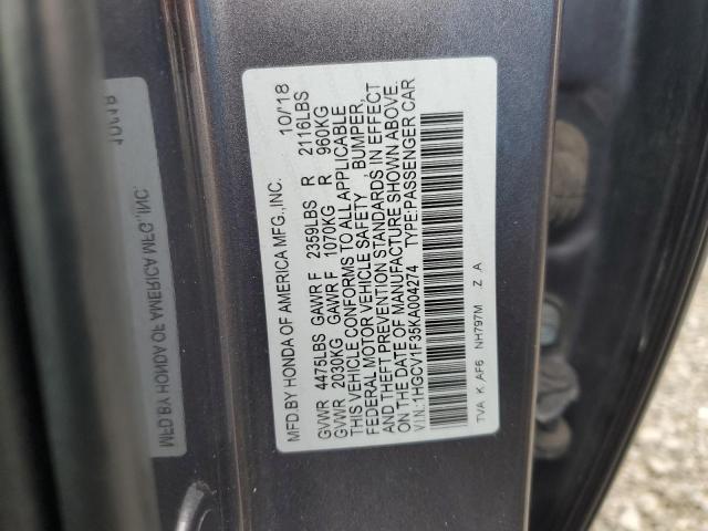 1HGCV1F35KA004274 - 2019 HONDA ACCORD SPORT Szary zdjęcie 12