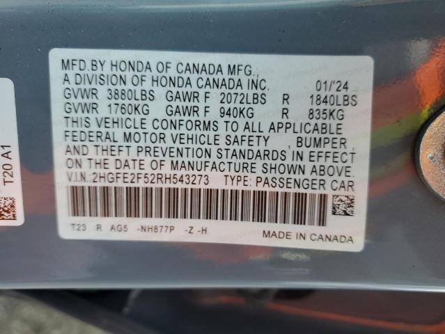 2HGFE2F52RH543273 - 2024 HONDA CIVIC SPORT GRAY photo 12