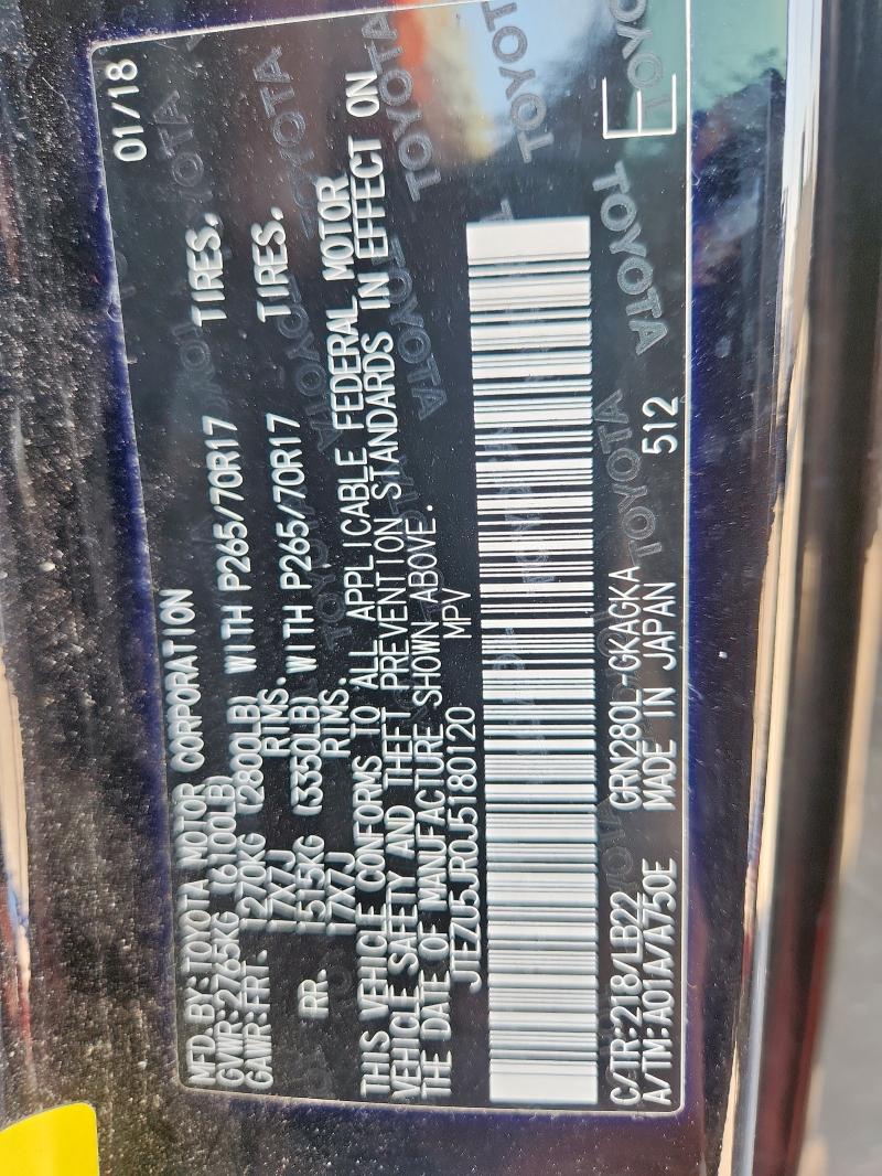 JTEZU5JR0J5180120 - 2018 TOYOTA 4RUNNER SR5 Negro foto 12