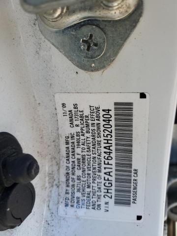 2HGFA1F64AH520404 - 2010 HONDA CIVIC LX-S თეთრი ფოტო 13