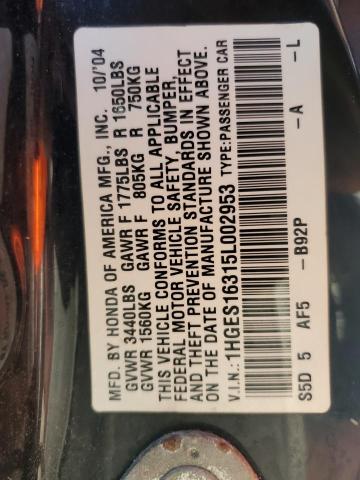 1HGES16315L002953 - 2005 HONDA CIVIC DX VP შავი ფოტო 12