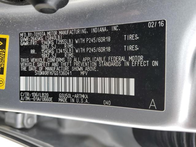 5TDKKRFH7GS136041 - 2016 TOYOTA HIGHLANDER XLE SILVER photo 12