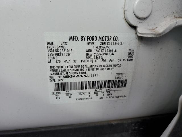 1FM5K8AW7NNA13674 - 2022 FORD EXPLORER POLICE INTERCEPTOR Սպիտակ լուսանկար 13