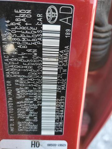 2T1BURHE0EC120637 - 2014 TOYOTA COROLLA L Czerwony zdjęcie 12