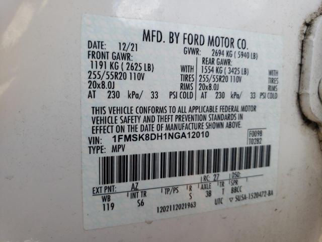 1FMSK8DH1NGA12010 - 2022 FORD EXPLORER XLT Biały zdjęcie 13