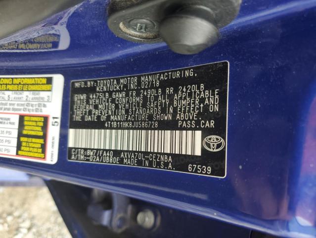 4T1B11HK8JU586728 - 2018 TOYOTA CAMRY L BLUE photo 12
