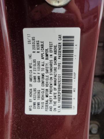 1HGCR2F89HA292301 - 2017 HONDA ACCORD EXL BURGUNDY photo 12