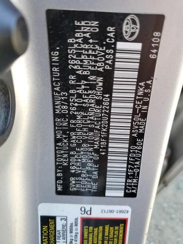 4T1BF1FK2DU722604 - 2013 TOYOTA CAMRY L SILVER photo 12