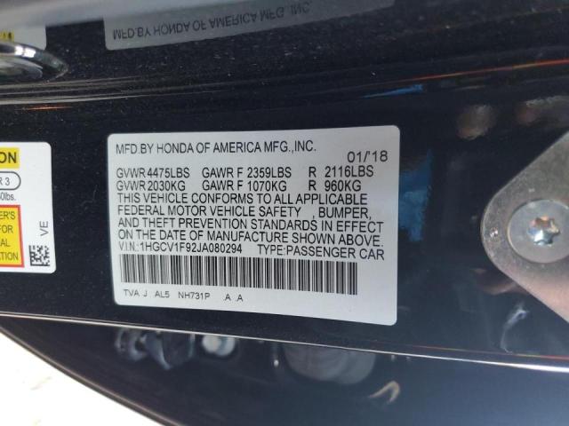 1HGCV1F92JA080294 - 2018 HONDA ACCORD TOURING BLACK photo 12