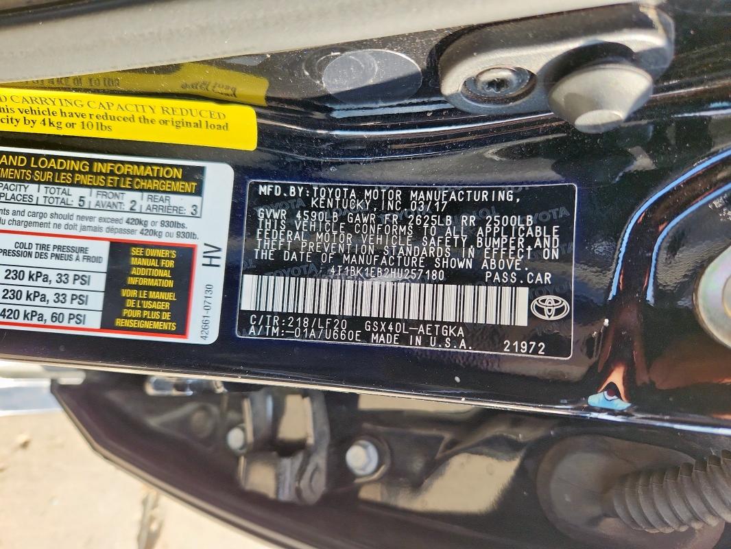 4T1BK1EB2HU257180 - 2017 TOYOTA AVALON XLE BLACK photo 13