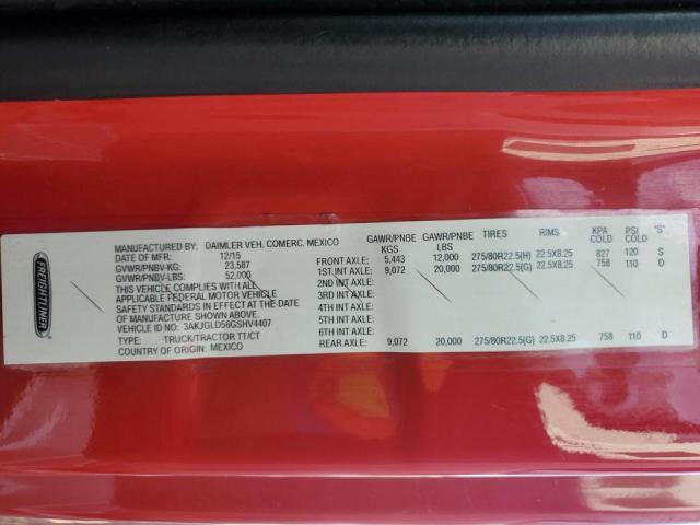 3AKJGLD56GSHV4407 - 2016 FREIGHTLINER CASCADIA 1 RED photo 10