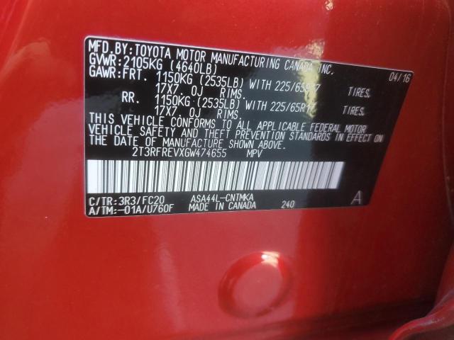 2T3RFREVXGW474655 - 2016 TOYOTA RAV4 XLE BURGUNDY photo 12