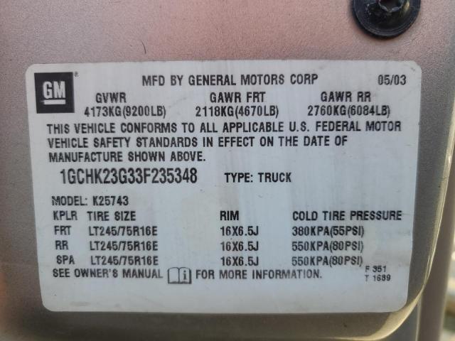 1GCHK23G33F235348 - 2003 CHEVROLET SILVERADO K2500 HEAVY DUTY BEIGE photo 13