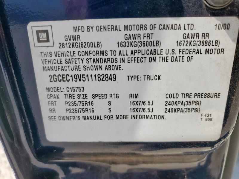 2GCEC19V511182849 - 2001 CHEVROLET SILVERADO C1500 BLUE photo 13