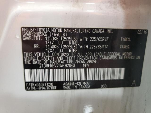 2T3RFREV2GW492843 - 2016 TOYOTA RAV4 XLE WHITE photo 13