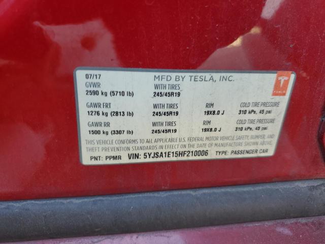 5YJSA1E15HF210006 - 2017 TESLA MODEL S RED photo 13