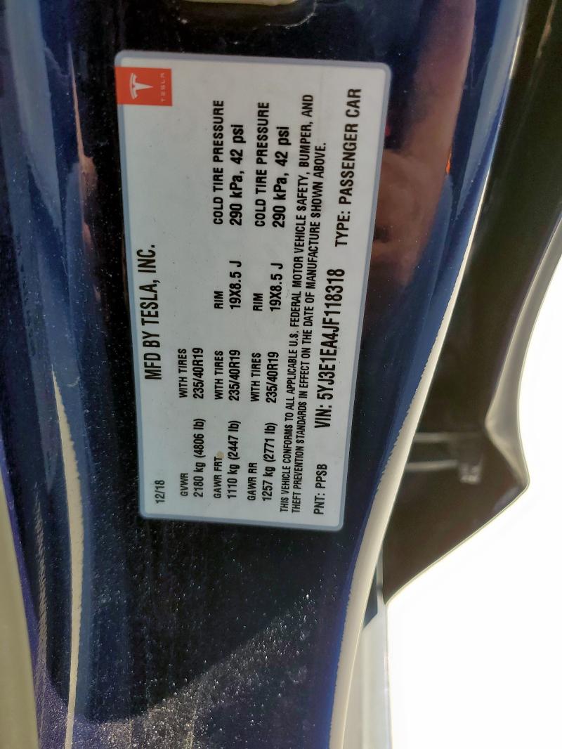 5YJ3E1EA4JF118318 - 2018 TESLA MODEL 3 蓝色 照片 13