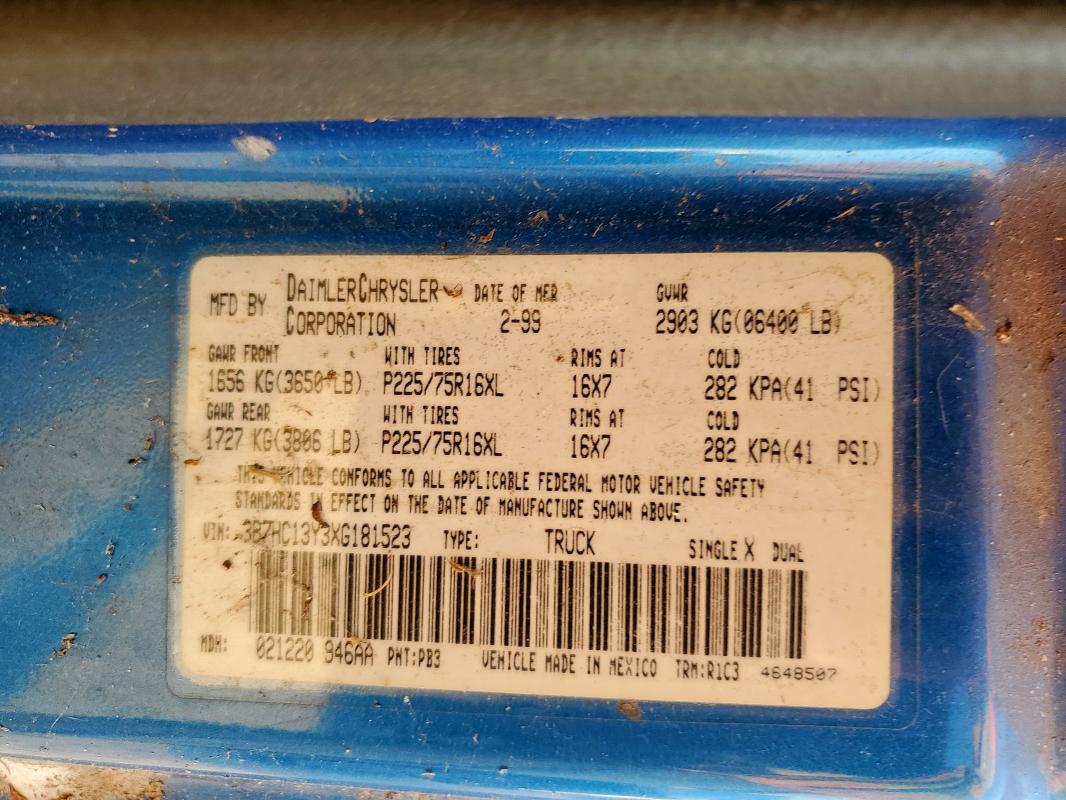 3B7HC13Y3XG181523 - 1999 DODGE RAM 1500 BLUE photo 12