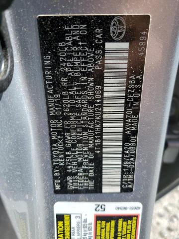 4T1B11HK7KU214069 - 2019 TOYOTA CAMRY L SILVER photo 12