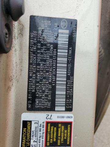 4T4BF3EKXAR017984 - 2010 TOYOTA CAMRY BASE CREAM photo 12