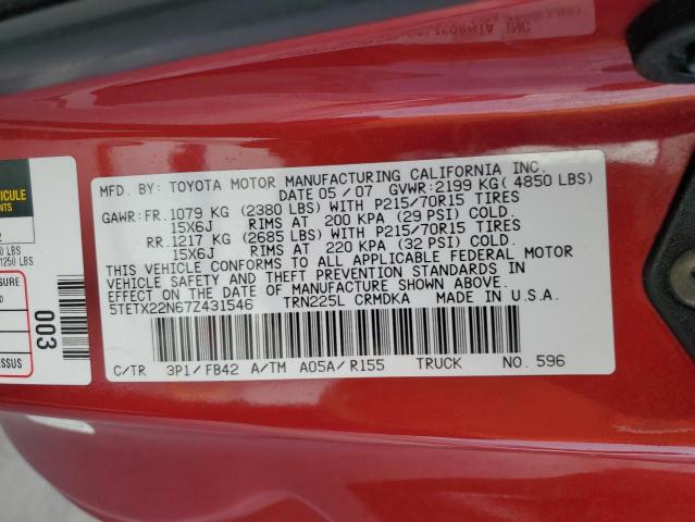 5TETX22N67Z431546 - 2007 TOYOTA TACOMA ACCESS CAB MAROON photo 12