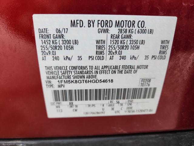 1FM5K8GT6HGD54618 - 2017 FORD EXPLORER SPORT Rouge photo 13