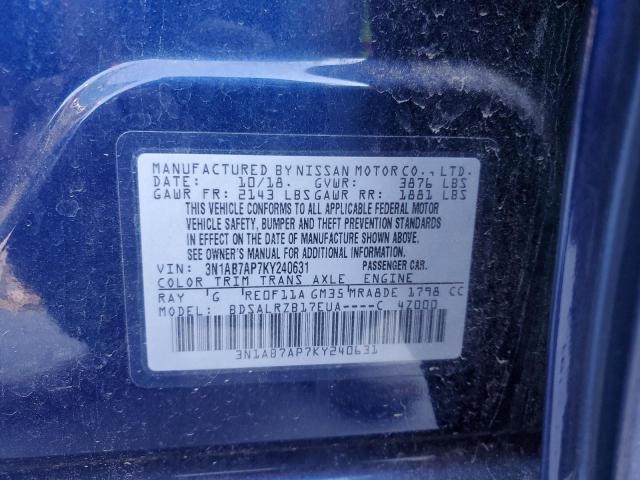 3N1AB7AP7KY240631 - 2019 NISSAN SENTRA S BLUE photo 12