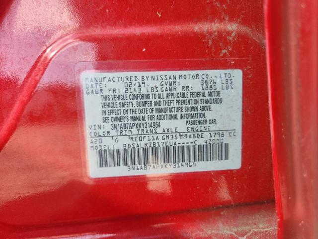 3N1AB7APXKY314964 - 2019 NISSAN SENTRA S 红色 照片 12