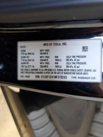 5YJ3E1EA1NF370243 - 2022 TESLA MODEL 3 შავი ფოტო 13