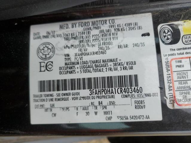 3FAHP0HA1CR403460 - 2012 FORD FUSION SE BLACK photo 13