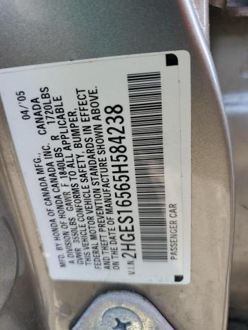 2HGES16565H584238 - 2005 HONDA CIVIC LX Մոխրագույն լուսանկար 12