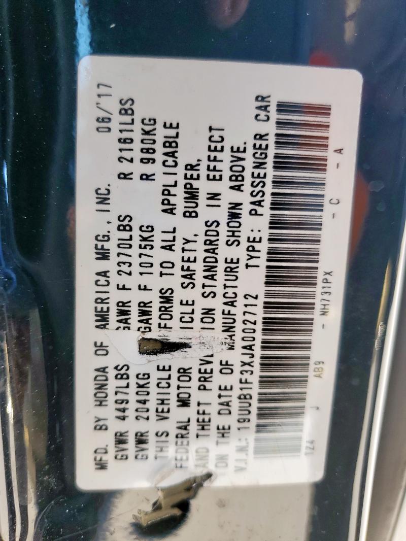 19UUB1F3XJA002712 - 2018 ACURA TLX Noir photo 12