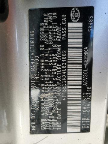 4T1BE32KX4U831882 - 2004 TOYOTA CAMRY LE ბეჟი ფოტო 12