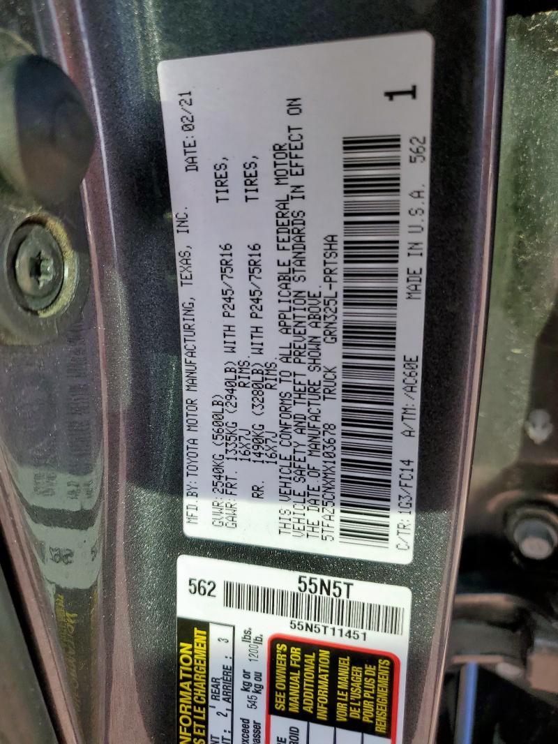 5TFAZ5CNXMX103678 - 2021 TOYOTA TACOMA DOUBLE CAB გრაფიტი ფოტო 12