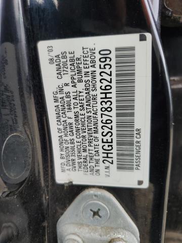 2HGES26783H622590 - 2003 HONDA CIVIC EX BLACK photo 12