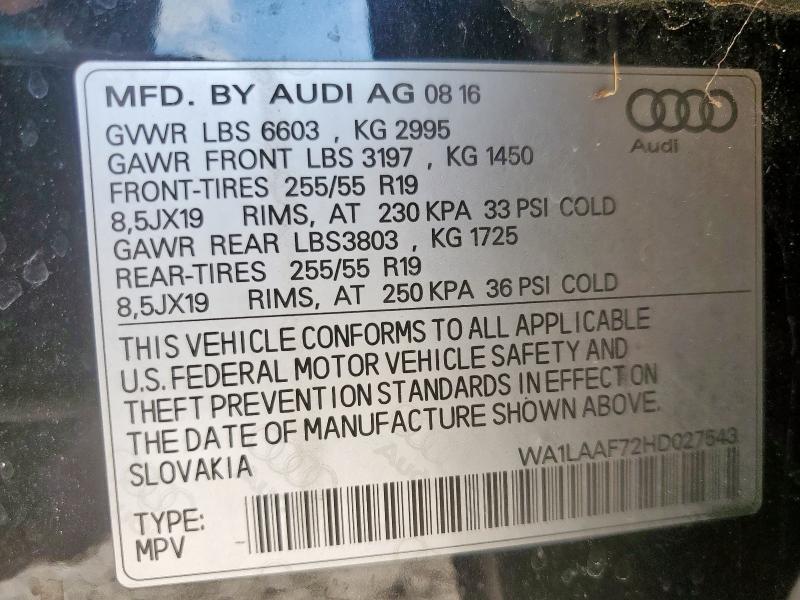 WA1LAAF72HD027543 - 2017 AUDI Q7 PREMIUM PLUS BLACK photo 13