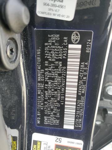 4T1B11HK7KU772276 - 2019 TOYOTA CAMRY L BLACK photo 13